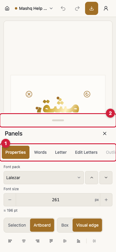 The panels sheet open at the bottom of a phone screen, with the tab row across the top, the Properties tab selected, the drag handle above it, and part of the artwork visible behind.