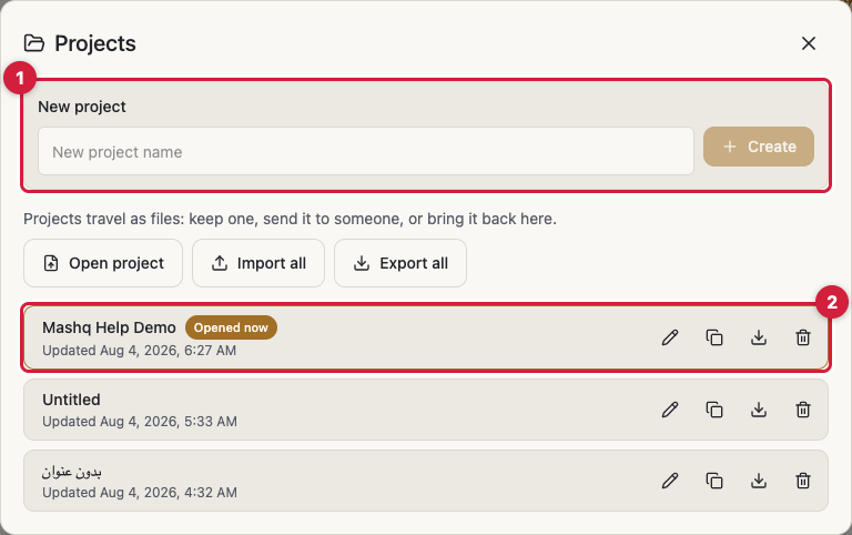 The Projects dialog open, showing the New project button and a list of several projects, each with its last-updated line and the open, rename, duplicate and delete actions.