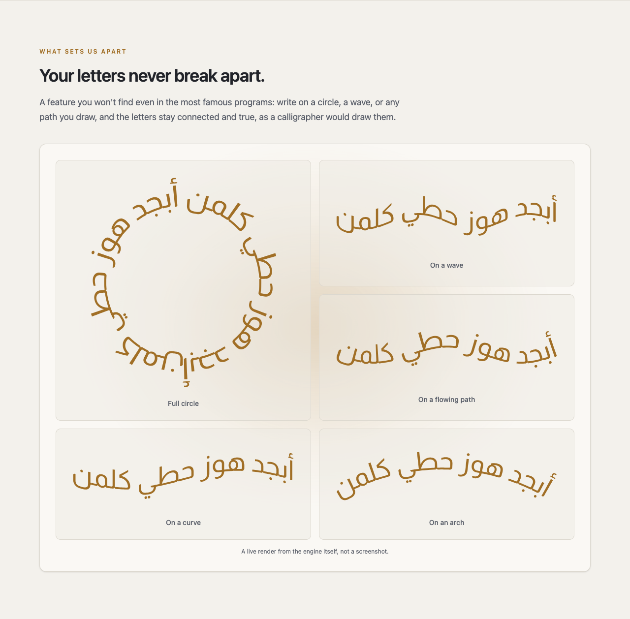 The What sets us apart section of the home page, showing an Arabic word drawn along five paths side by side, a ring among them, with its letters still connected on every one.