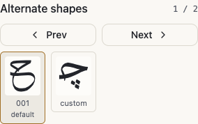 The Alternate shapes section of the Letter panel, showing thumbnails of one Arabic letter's shapes, each carrying a small coloured dot in its corner for the join quality when it can be measured, with the Use this alternate button.