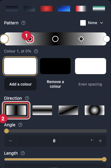 A gradient bar with three colour dots and a small diamond between two of them, with the four direction buttons and the Angle, Length and Start position fields underneath.