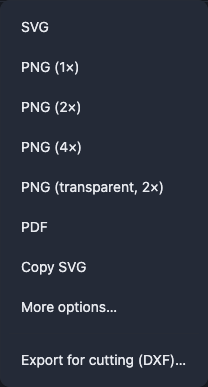 The Export menu open from the app bar, listing SVG, the PNG scales, PDF, Copy SVG and More options.