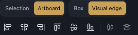 The Align and distribute toolbar at the top of the Properties panel: the six align buttons and the two distribute buttons, with the Align to and Align by options below and Visual edge selected.