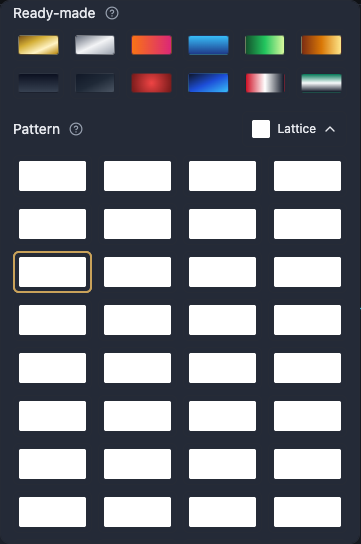 The pattern gallery inside the paint pop-up: rows of small tiles each showing a repeating motif, with the Pattern size, opacity and angle sliders below them.