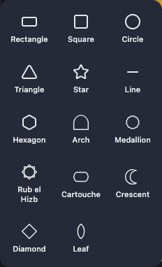 The Shapes menu open, showing all fourteen shapes with an icon and a name for each.
