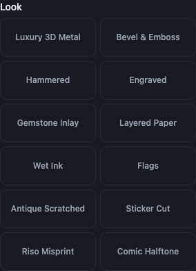 The Look list open inside the Text Effect panel, showing the twelve looks with the name and a small preview of each.