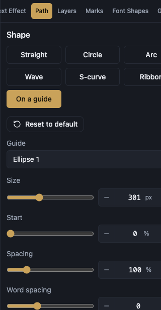 The path settings section of the sidebar showing Start, Spacing, Word spacing, Offset in and out, and the Flip H, Flip V and Inside buttons, beside Arabic text on a circle turned to the inside.