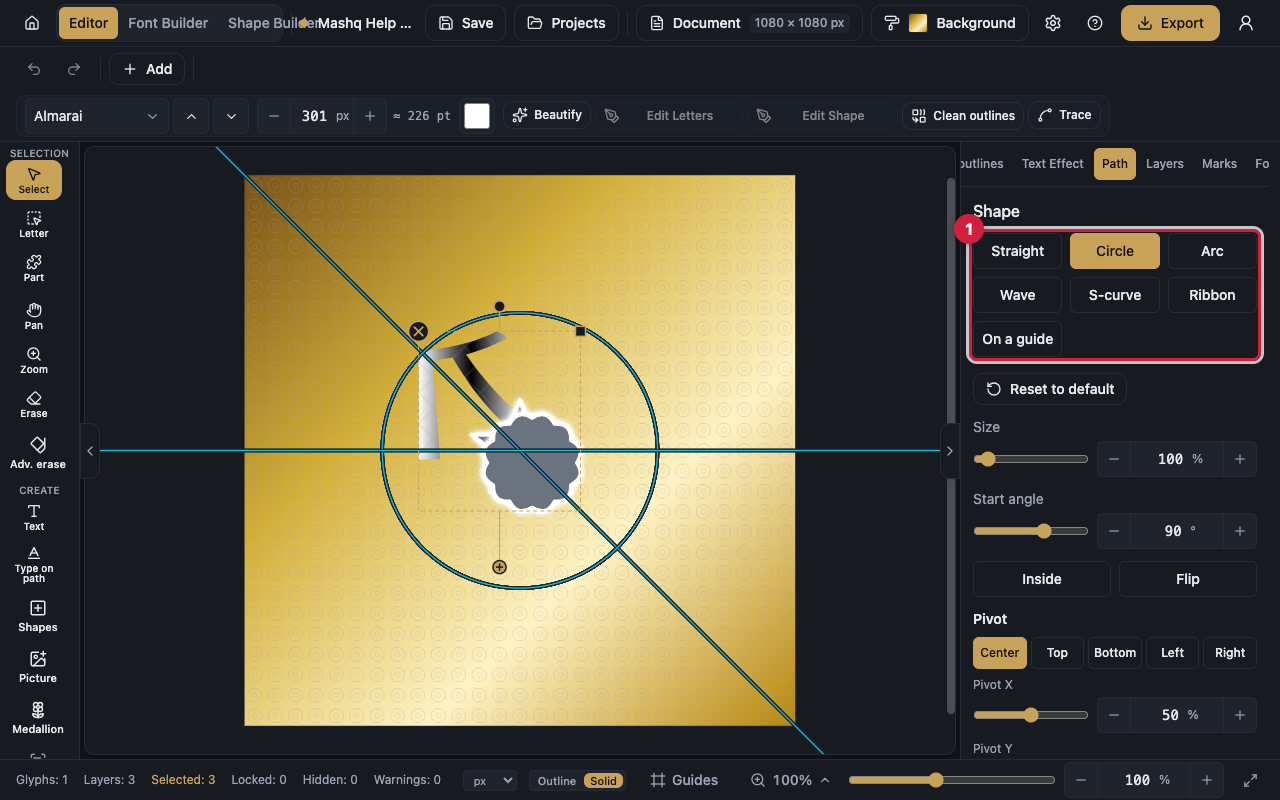 The Path panel in the sidebar showing the Shape choices Straight, Circle, Arc, Wave, S-curve, Ribbon and On a guide, with the Radius and Start angle settings, beside the canvas showing an Arabic word running around a circle.