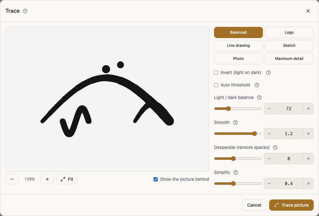The Trace panel: the six presets at the top, the Quality control sliders below them, and a live preview showing the traced outline over the faint source picture.