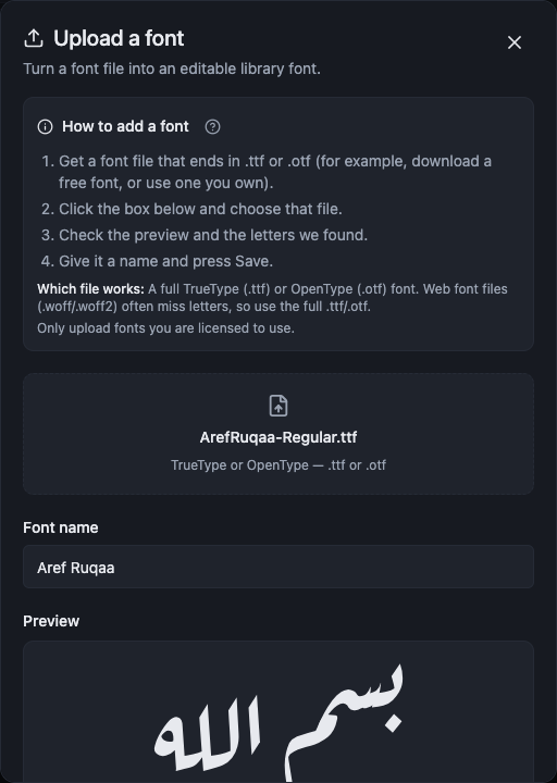 The lower half of the Upload a font dialog after the file is read, showing the What we found report with counts of letters, shapes, joined pairs and tashkeel marks, with an Arabic word previewed above it; the report itself warns when the font joins in the cascading way.