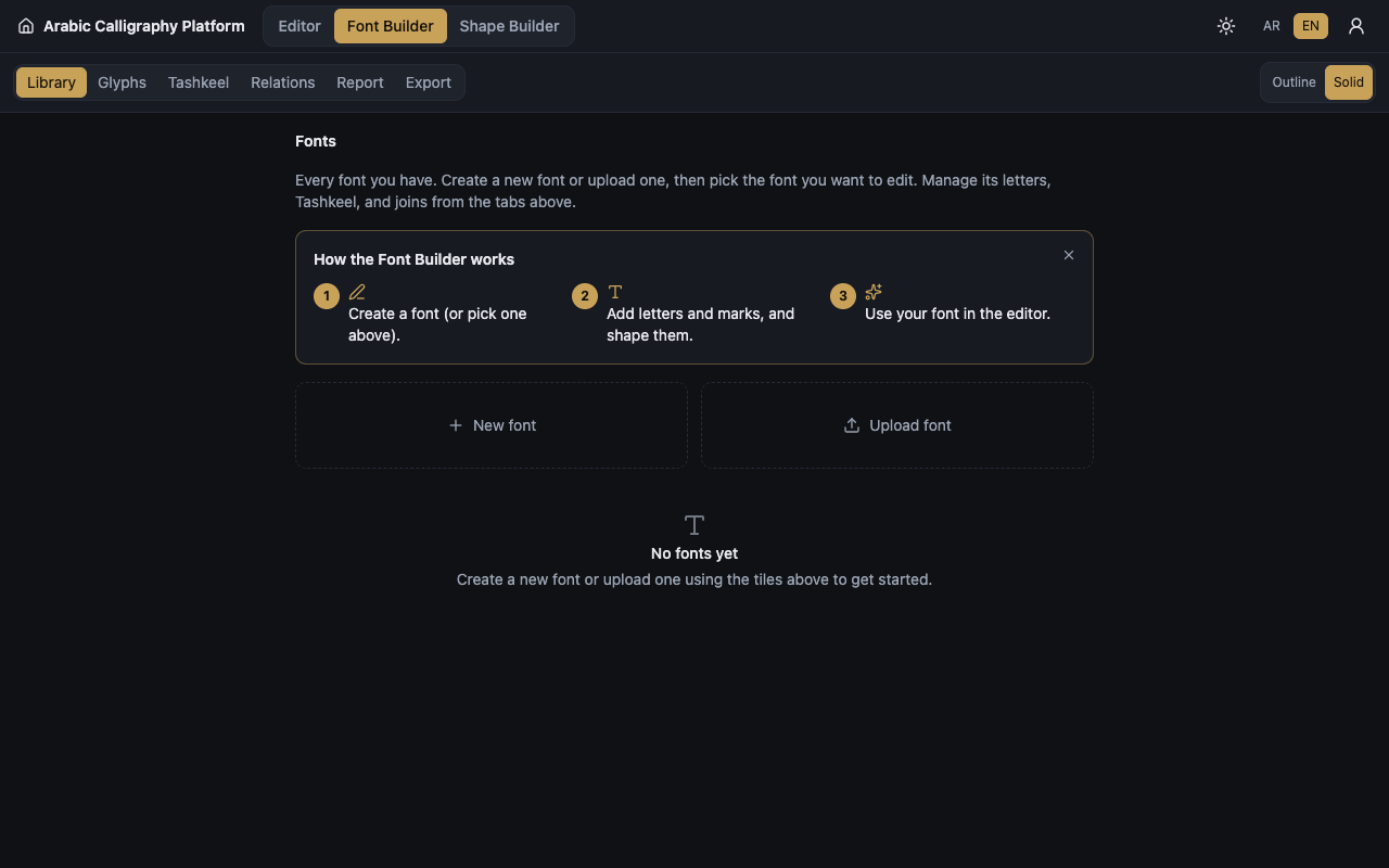 The Font Builder screen in Mashq, listing the font packs saved in an account.