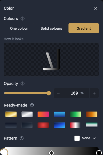 The paint pop-up open in Gradient mode, showing the three mode buttons, the colour bar with its dots, the direction buttons, the colour wheel and hex field, the row of ready-made palettes, and the pattern gallery underneath.