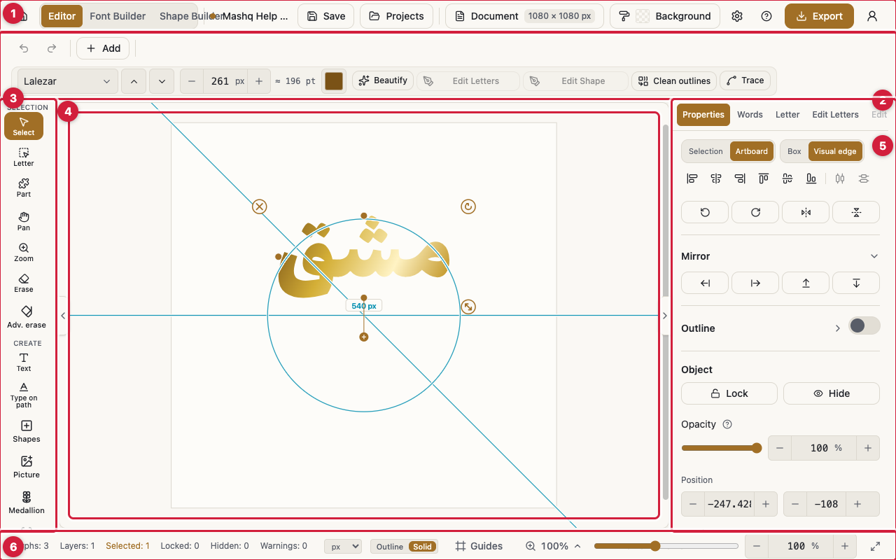 The full Editor screen on a desktop, with numbered callouts pointing at the app bar, the options bar, the tool rail on the side, the canvas in the middle, the side panels, and the status bar at the bottom.