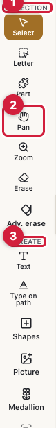 The vertical tool rail in the Editor, with callouts on the group captions Selection, the navigate cluster, Create, and Adjust, and each tool's name shown under its icon.