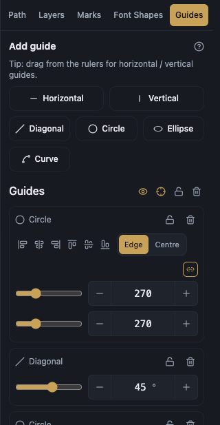 The Guides panel open with a list of guides of different kinds, one selected showing its position and angle fields and its align-to-page row, with a circle guide and a diagonal guide visible on the canvas.