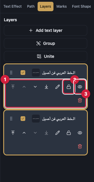 The Layers panel open beside the canvas, showing an expanded group with two text layers, one locked layer and one hidden layer, with callouts on the drag handle, the lock and hide buttons, and the Layer actions menu.