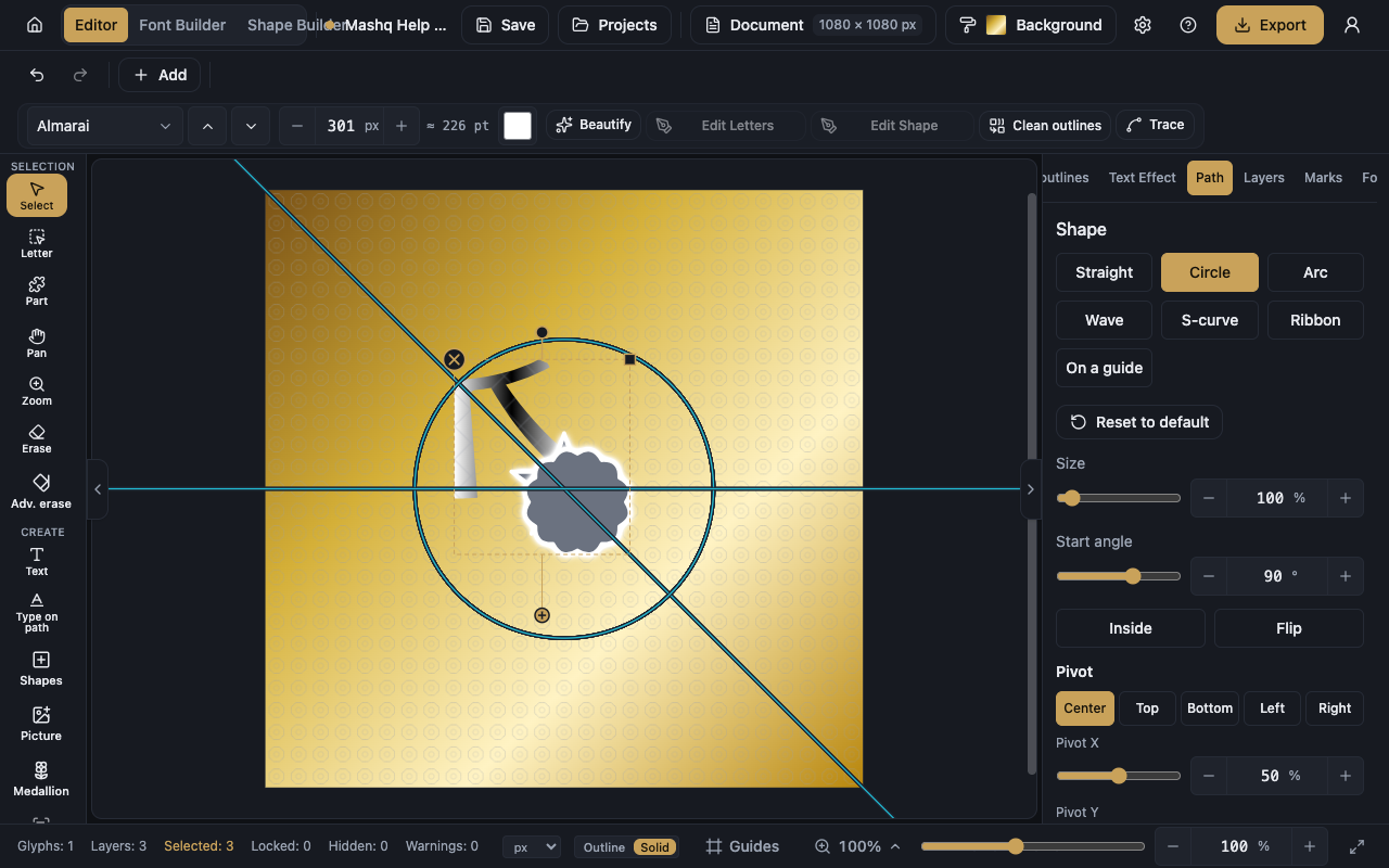 The Path panel open with the grid of seven path shapes and Circle chosen, the Size and Start angle sliders and the Inside and Flip toggles below it, the Pivot and Transform sections, and a word running around a circle on the canvas.