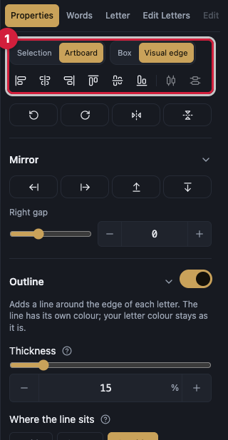 The Properties panel open beside the canvas, with callouts on align and distribute, the quick actions, Mirror, Outline, the Object section, Pivot, 3D rotation, Width fitting, and Integrity.
