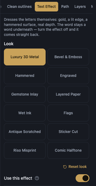 The Text Effect panel open, with the gallery of twelve looks at the top, the Material section and its colours below it, the folded Depth, Surface, Light and Shadow sections, and a word on the canvas wearing a metal look.