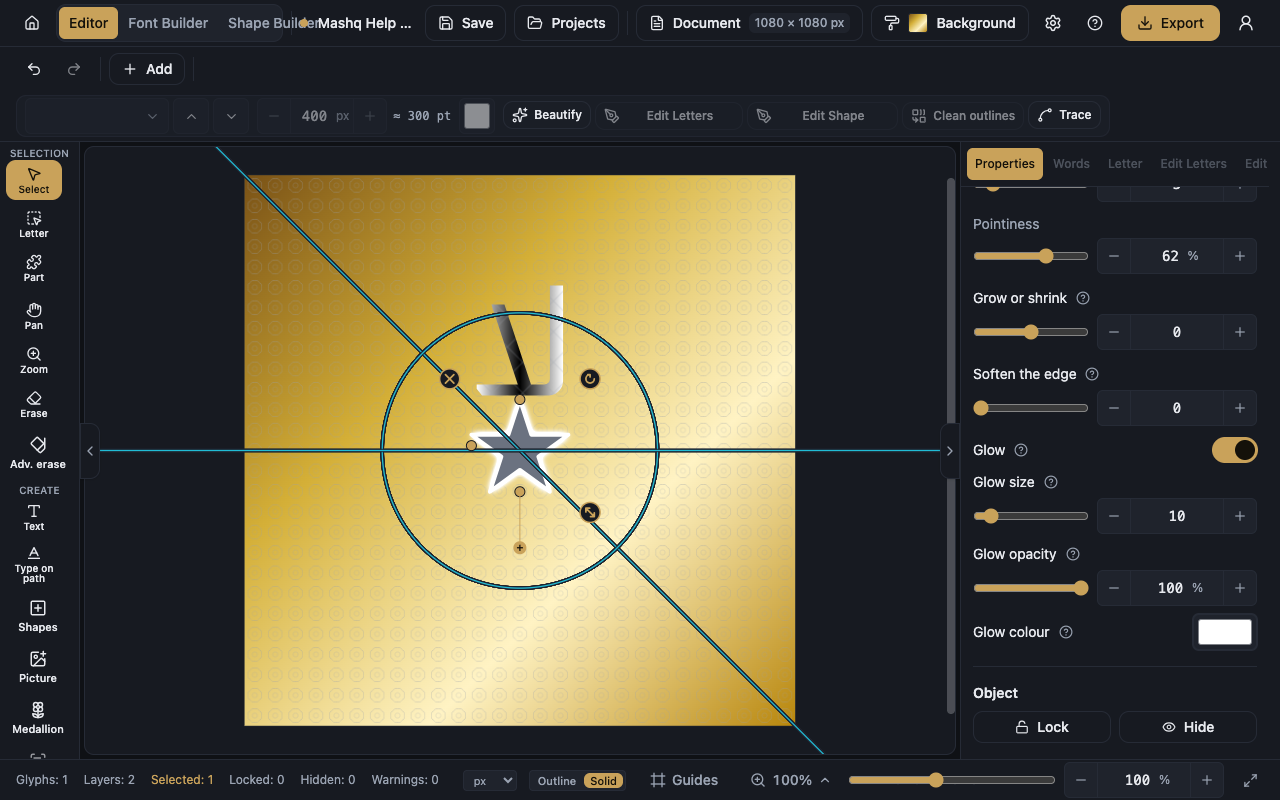 A star shape selected on the canvas, next to the Appearance section with the Fill and Border switches and the Thickness slider, the Points and Pointiness sliders, Grow or shrink and Soften the edge, and the Glow section with its three controls.